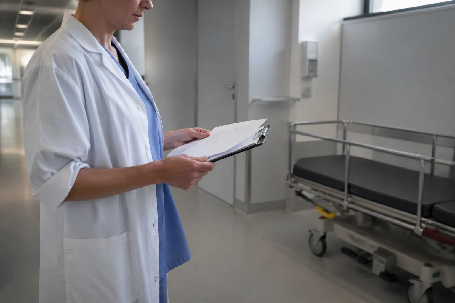 Sundhedspersonale på en travl europæisk hospitalsgang i sundhedssektoren.