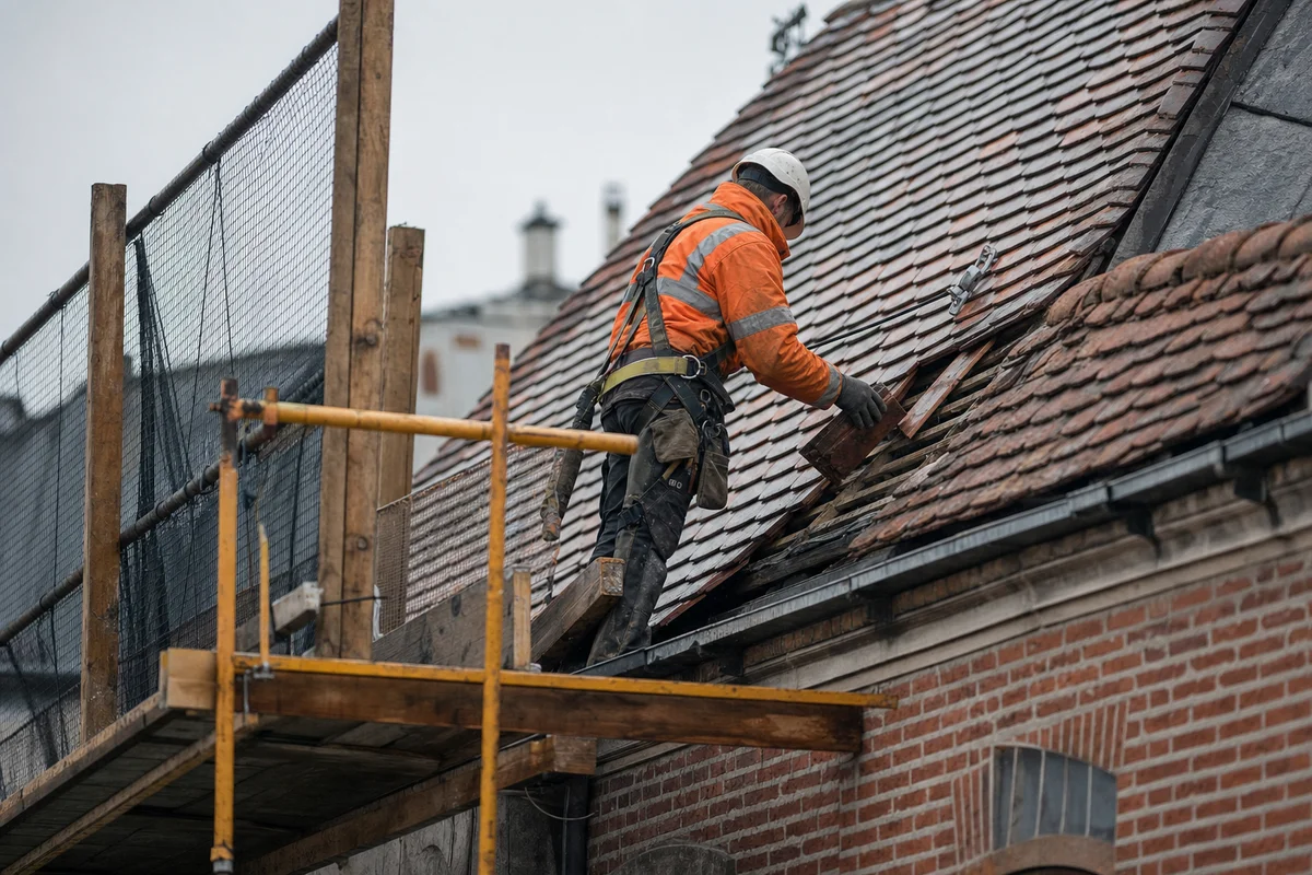Tagdækker med faldsikring arbejder på tag over stillads på byggeplads