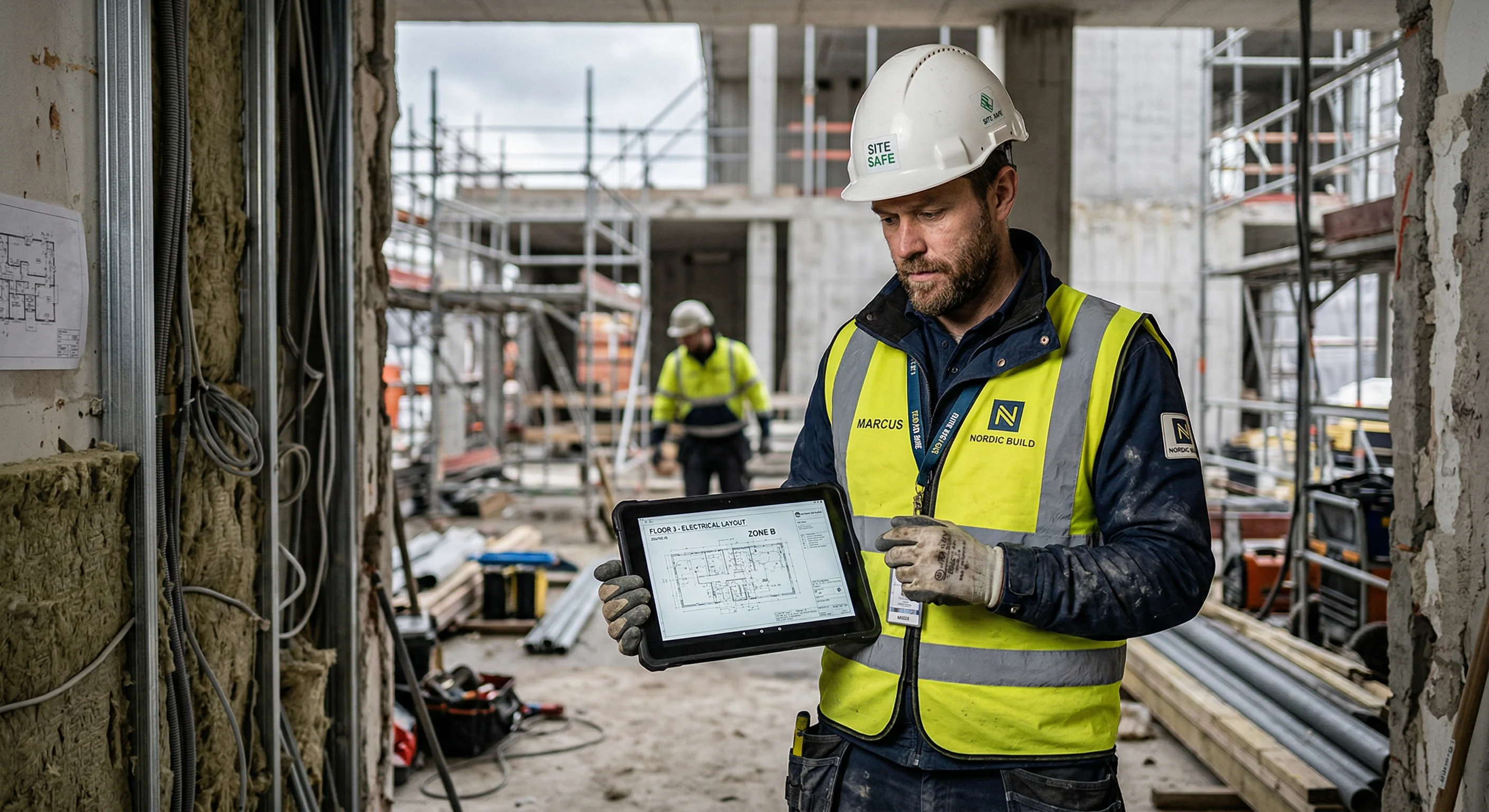 Bygningsarbejder tjekker asbestprøver via QR-kode på byggeplads.