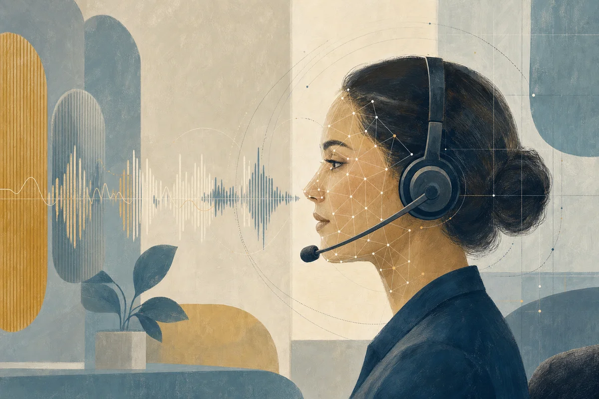 Medarbejder i callcenter med headset foran skærm med automatiseret samtaleanalyse