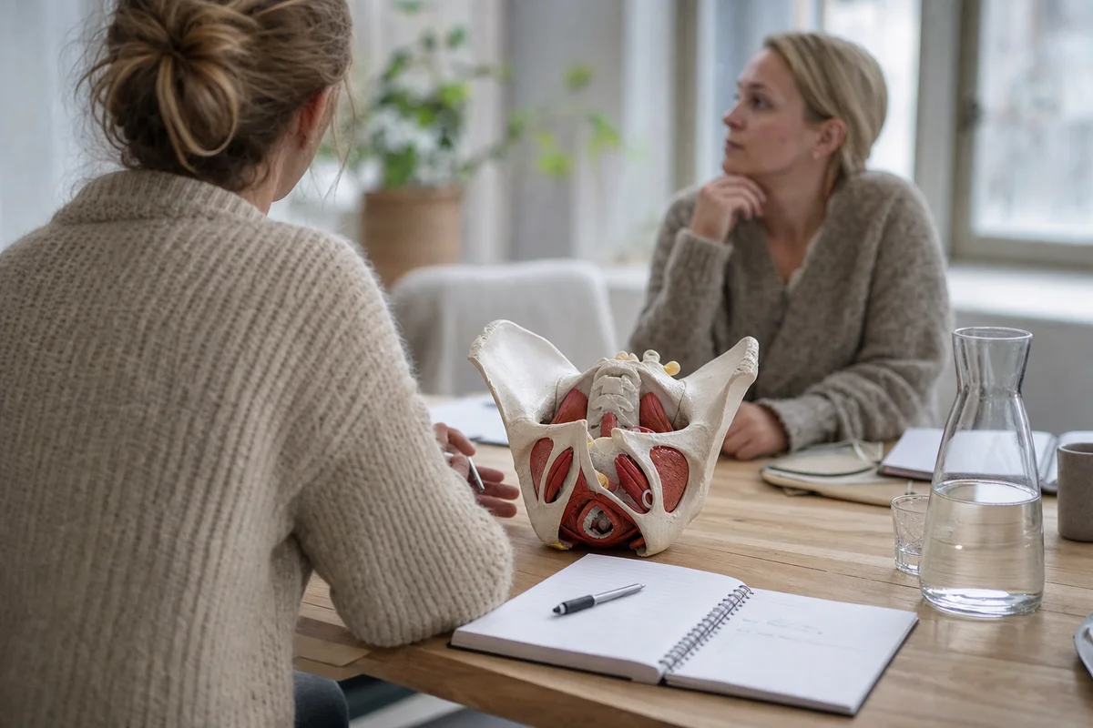 Underviser gennemgår kropsanatomi for en gruppe kursusdeltagere i et mødelokaleale.10 1,