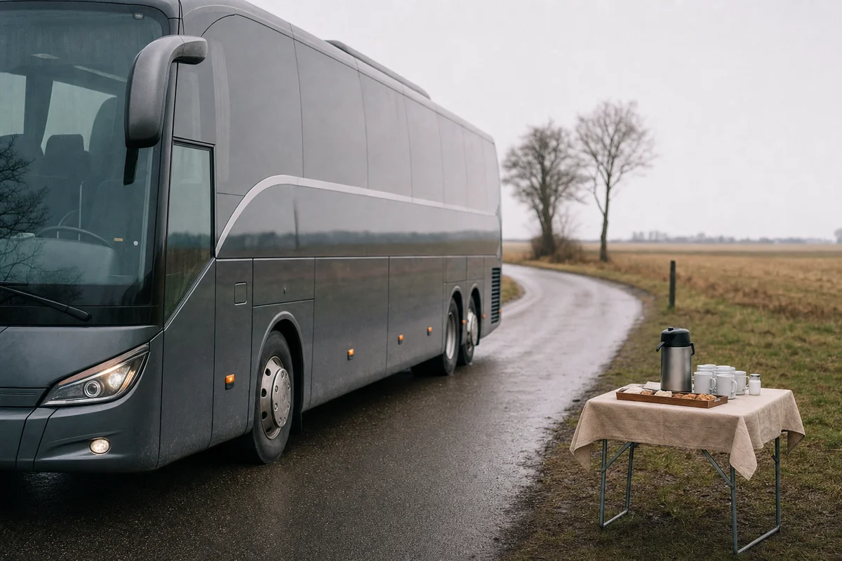 Deltagere stiger ud af en turistbus på en endagsudflugt med salgsarrangement
