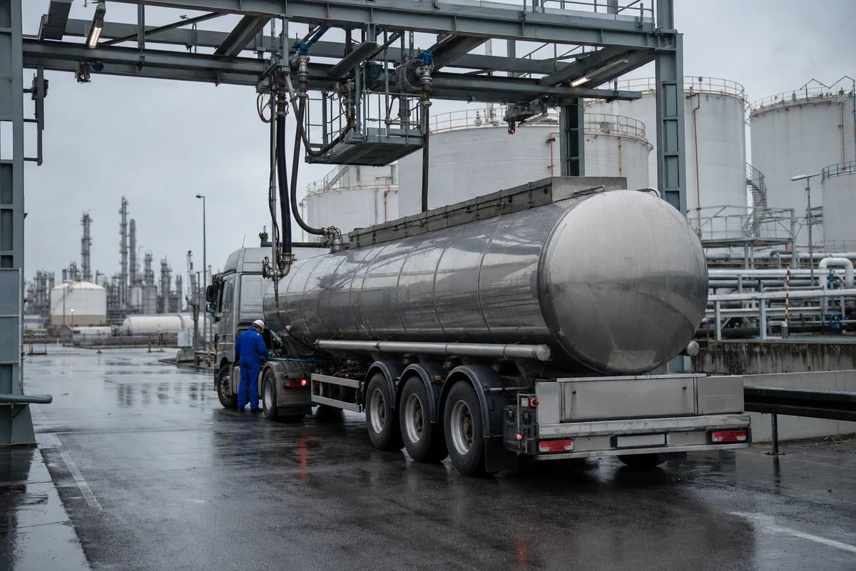 Tankbil læsser mineralolieprodukter på raffinaderi under afgiftssuspension