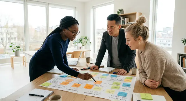 Three diverse professionals collaborate in a bright, modern office, gathered around a wooden table to review a project roadmap mapped out with colorful sticky notes. The atmosphere is focused and professional as they engage in a strategic planning session.