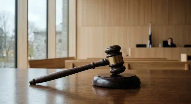 A dark wooden gavel and its sound block sit prominently on a polished table in the foreground, serving as the focal point of a minimalist, modern courtroom. The setting is characterized by light-toned wooden paneling, soft natural light from a nearby window, and a serene, formal atmosphere.
