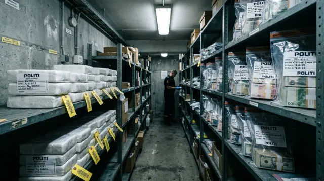 This image captures a stark, documentary-style view of a police evidence locker, where rows of neatly stacked, individually labeled narcotics and bags of currency line cold metal shelves. The dimly lit, industrial setting creates a clinical and somber atmosphere, with a lone officer working in the background emphasizing the bureaucratic nature of the seized evidence.