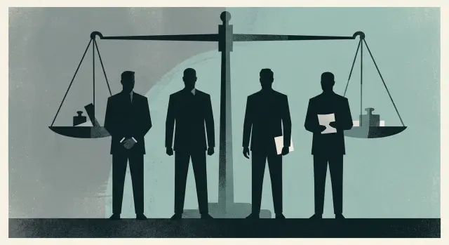 This minimalist editorial illustration features four dark silhouettes of men standing in a row, seamlessly integrated with a large balance scale to evoke themes of justice, corporate ethics, or legal oversight. The muted teal and grey color palette creates a formal, somber mood that emphasizes the concept of balanced judgment.