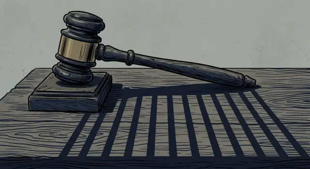 An editorial illustration depicts a wooden judge's gavel resting on a table, casting a shadow that takes the form of prison bars. The stark, symbolic imagery conveys a somber mood regarding the relationship between the legal system and incarceration.