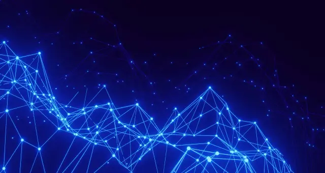This digital abstract illustration features a glowing, intricate network of interconnected blue nodes and lines that create a three-dimensional, mountain-like topography against a dark background. The scene evokes a sense of advanced technology, data connectivity, and futuristic complexity through its vibrant neon lighting and geometric patterns.
