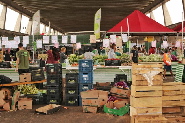 This lively indoor market scene features shoppers and vendors interacting amidst stacks of plastic crates, wooden boxes, and tables overflowing with fresh produce. Set under a large concrete overpass structure, the atmosphere is busy and industrious, defined by the earthy textures of the food and the utilitarian materials of the stall infrastructure.