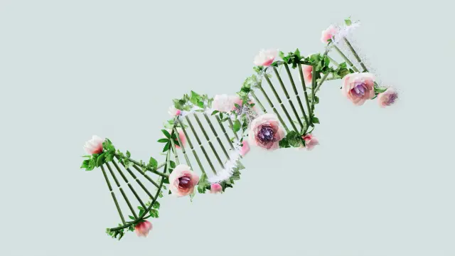 This image features a 3D digital illustration of a DNA strand intertwined with delicate pink roses and vibrant green leaves against a minimalist, light-colored background. The combination of organic floral elements with the structural, scientific motif creates an ethereal and artistic atmosphere.