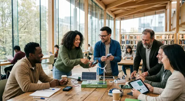 A diverse team of professionals collaborates around a table in a modern, sunlit library, engaged in a discussion over small-scale models of solar panels and wind turbines. The atmosphere is optimistic and industrious, highlighting a focus on sustainable technology and teamwork in a bright, academic setting.