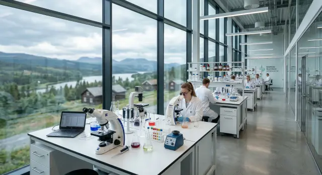 This wide-angle shot captures a bright, modern research laboratory where scientists in white coats work at organized stations featuring microscopes and specialized equipment. The clean, professional atmosphere is enhanced by expansive floor-to-ceiling windows that provide a scenic view of a tranquil, mountainous Nordic landscape.