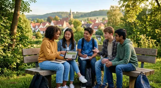 A diverse group of students sits together on a wooden park bench during golden hour, collaboratively reviewing a "Community Garden Project" on a tablet. The serene outdoor setting and the students' engaged expressions create a warm, productive, and scholarly atmosphere.