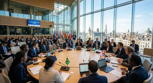A wide-angle, photorealistic shot of a modern international assembly hall with warm, natural light streaming through large windows. Diverse professionals in business attire are engaged in a collaborat